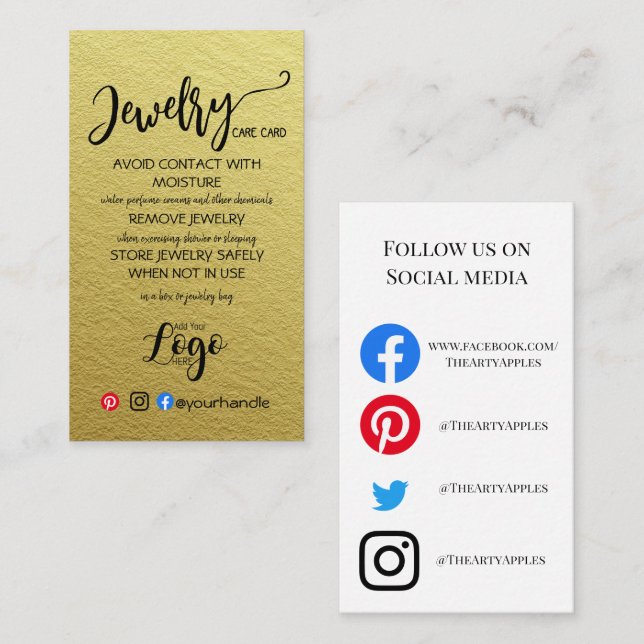 AÑADIR SUS TARJETAS DE CUIDADO DE joyería LOGO PAR (Anverso / Reverso)