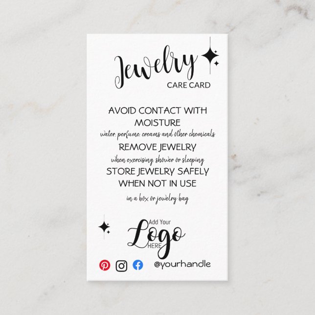 AÑADIR SUS TARJETAS DE CUIDADO DE joyería LOGO PAR (Anverso)