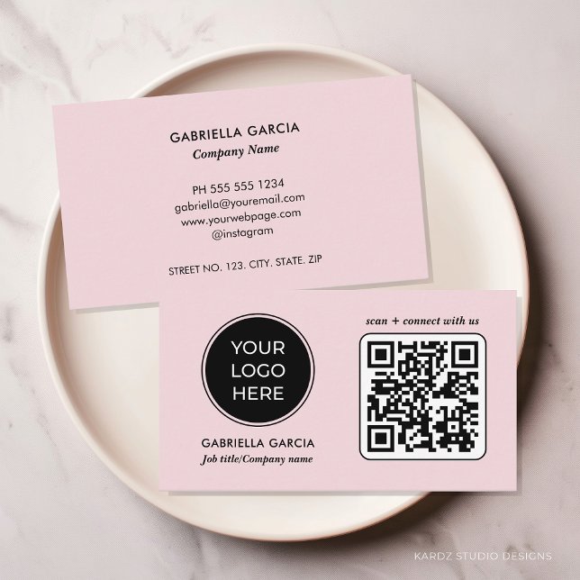 Añadir tarjeta de presentación del logotipo rosa d (Simple and modern, blush pink business card, professional look, add your logo, qr code, social media)