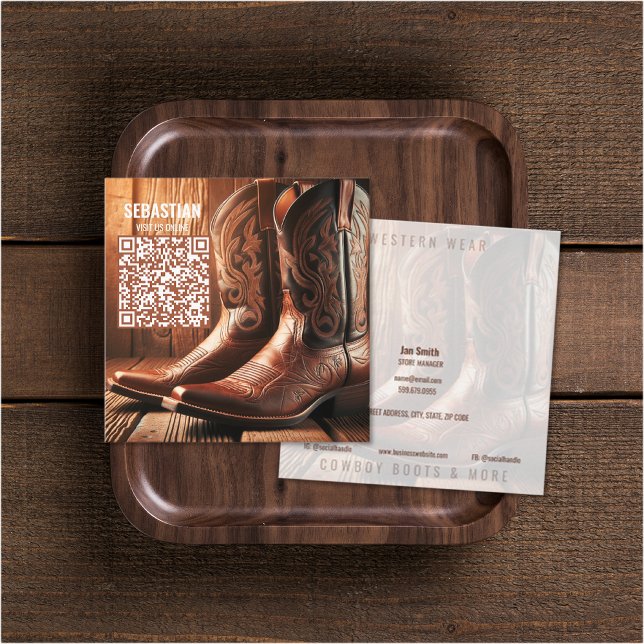 Añadir tarjetas de negocios de código QR para uso  (Add Photo Western Wear QR Code Business Cards (front and back))