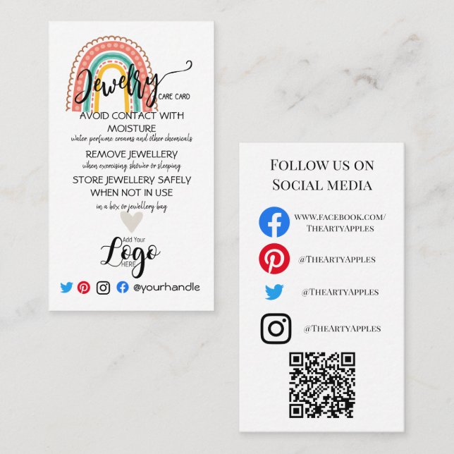 AÑADIR TUS TARJETAS DE CUIDADO DE joyería DE LOGO  (Anverso / Reverso)