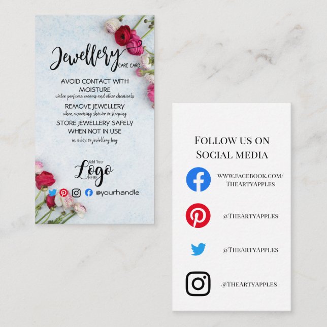 AÑADIR TUS TARJETAS DE CUIDADO DE joyería LOGO Flo (Anverso / Reverso)