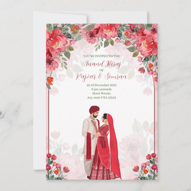 Anand Karaj Invita, invitación a la boda sij (Anverso)