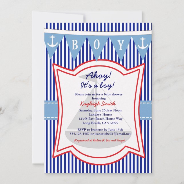 Anchor de vela Nautical Boy Baby Shower Invitación (Anverso)