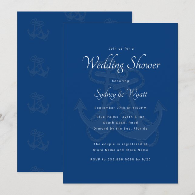 Anchores azules Parejas Bodas Invitación a la duch (Anverso / Reverso)