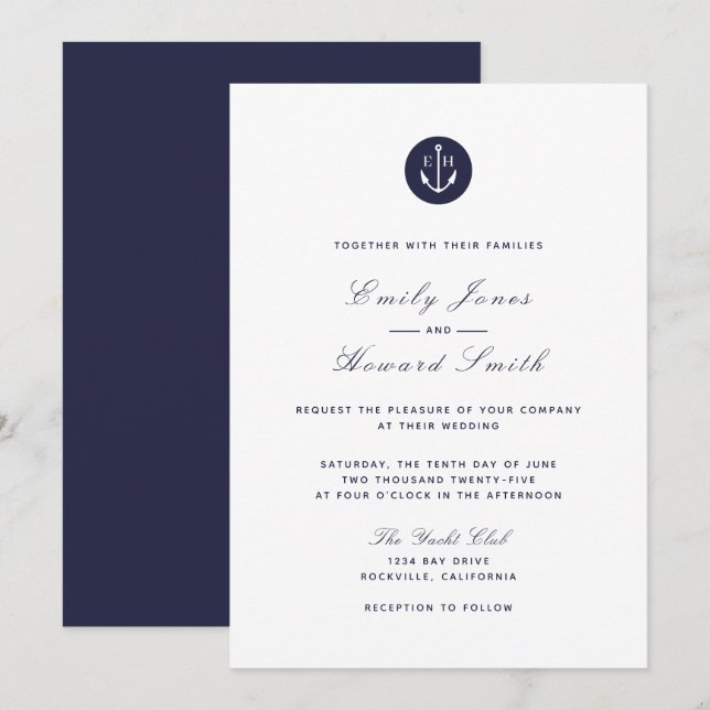 Ancla azul de la marina - Invitaciones a la boda f (Anverso / Reverso)
