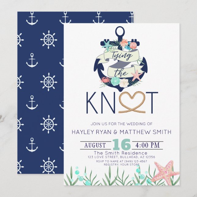 Ancla náutica atando la invitación a la boda del n (Anverso / Reverso)