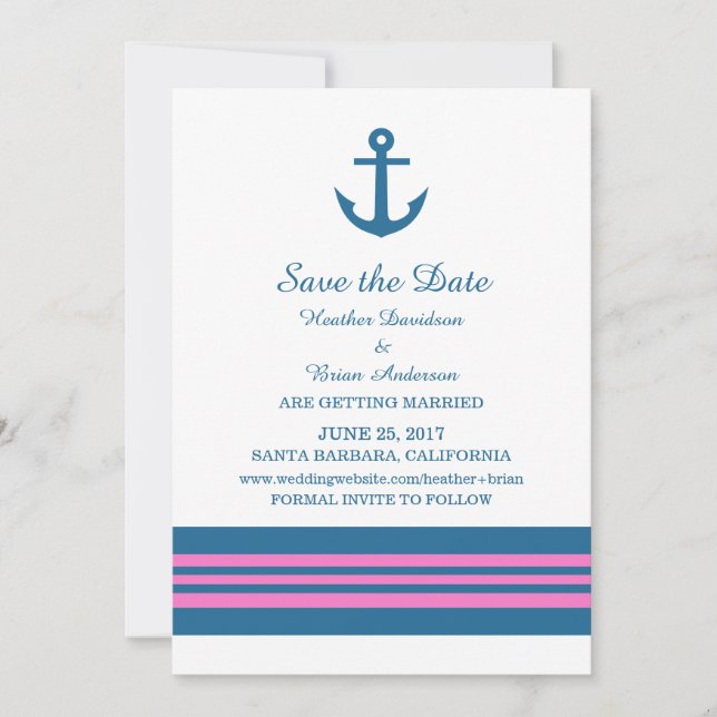 Ancla náutica rosa azul Guardar invitación de fech (Anverso)