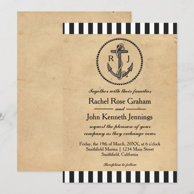 Ancla náutica vintage - Invitación de boda (Anverso / Reverso)