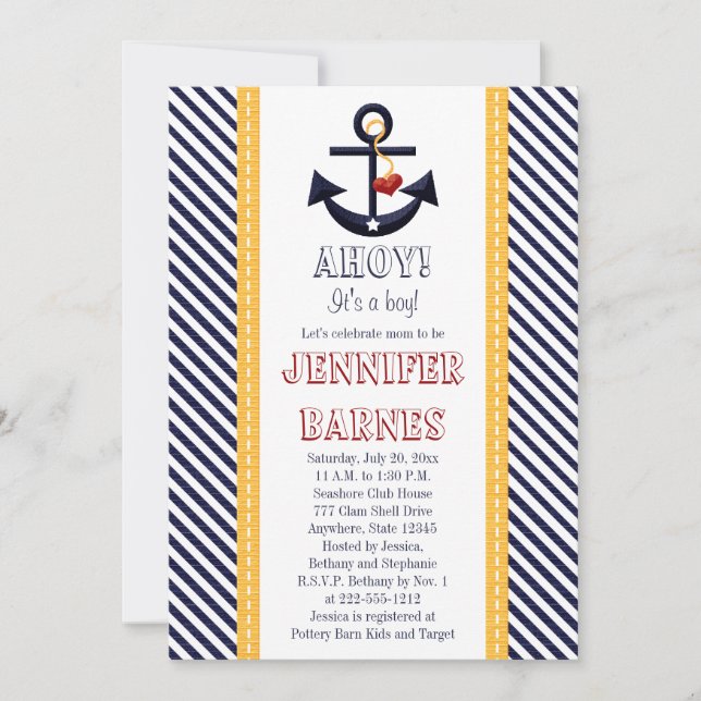 Ancla Nautical Baby Shower Invitaciones Amarillas (Anverso)