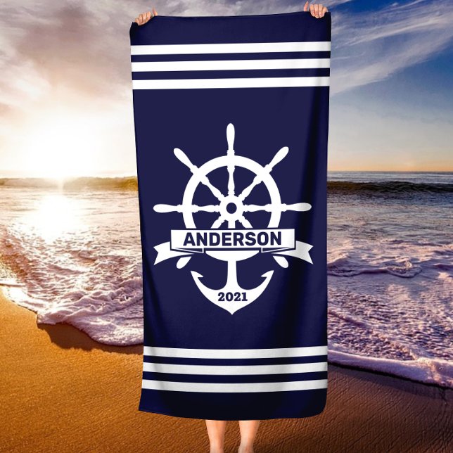 Ancla personalizada - Toalla de playa náutica de r (Personalized Anchor - Wheel Nautical Beach Towel)