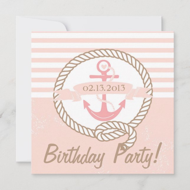 Ancla Rosa Tiras Invitación Náutica de cumpleaños (Anverso)