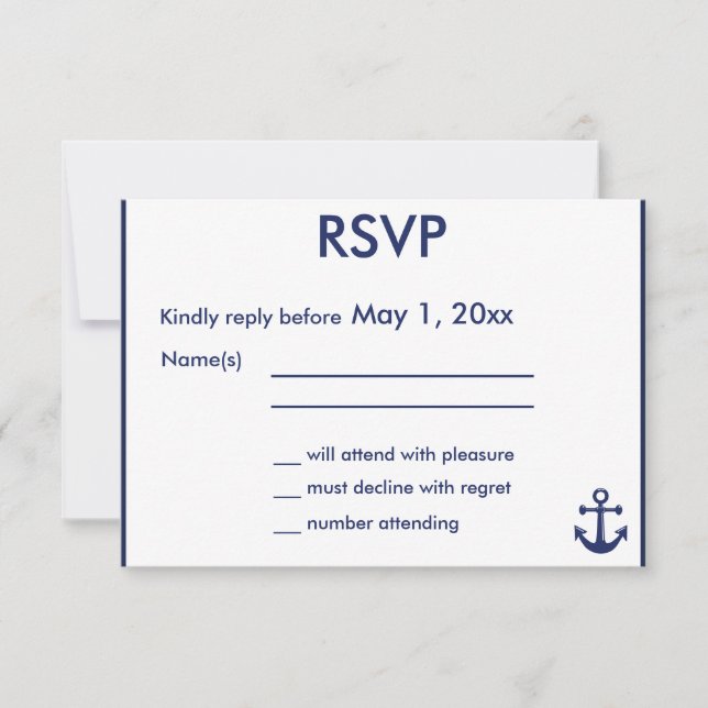 Anclaje azul de las tarjetas RSVP de la boda náuti (Anverso)