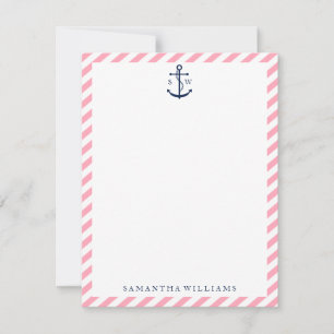 Anclaje azul en franjas rosadas Tarjetas de notas