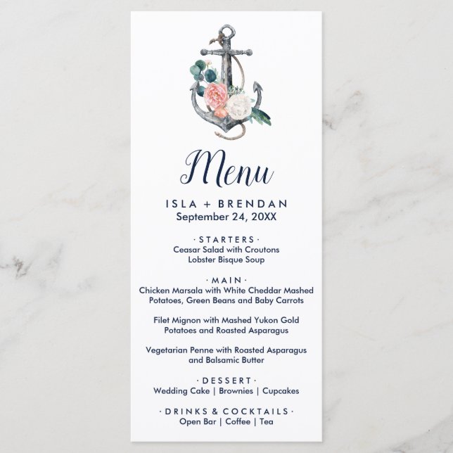 Anclaje floral | Tarjeta de menú de cena de verano (Anverso)
