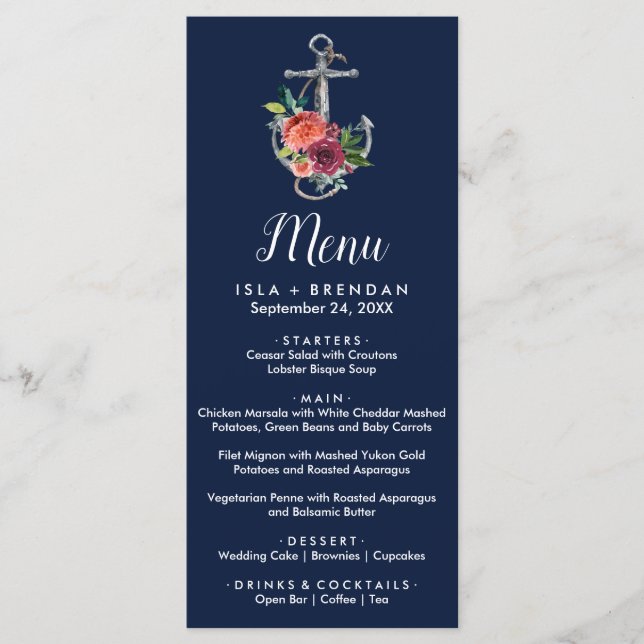 Anclaje floral | Tarjeta de menú Navy Autumn Dinne (Anverso)