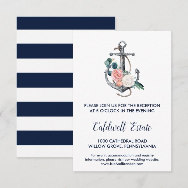 Anclaje floral | Tarjeta de recepción de bodas de  (Anverso / Reverso)