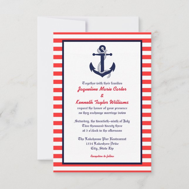 Anclaje rojo blanco y azul - Invitación a la boda  (Anverso)