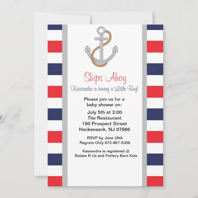 Anclas lejos de la invitación de Baby Shower náuti (Anverso)