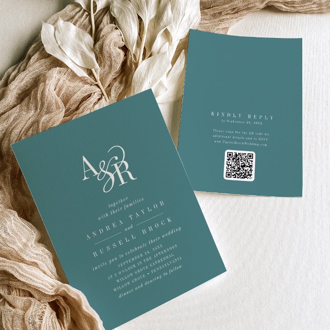 ANDREA Código QR Verde Oscuro Clásico Invitación d (ANDREA Dark Teal QR Code Classic Elegant Wedding Invitation)