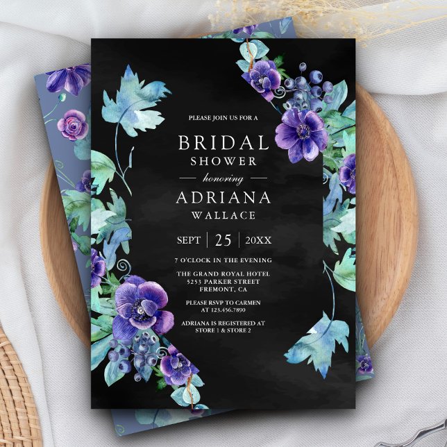 Anémonas Acuarela Moradas Invitación de Boda Negra (Subido por el creador)