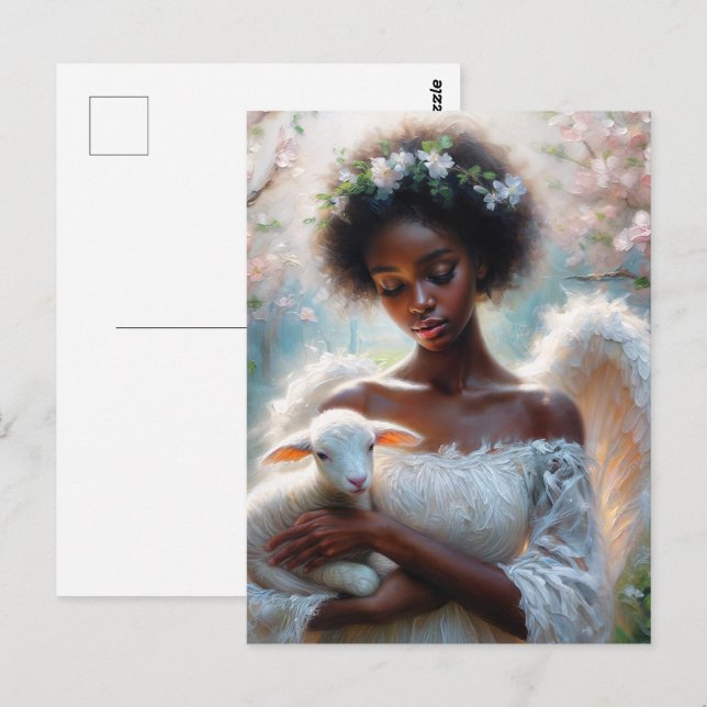 Ángel Afro con postal de cordero (Anverso / Reverso)