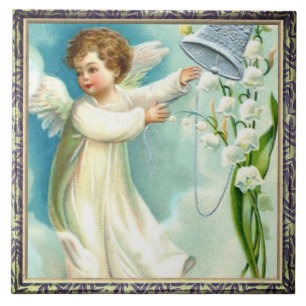 Ángel Bebé Con Azulejos Cerámicos De Belleza Azul