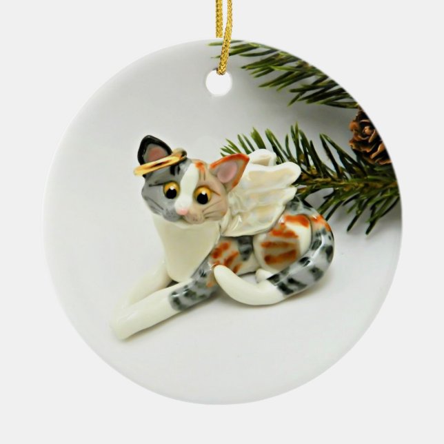 Angel Cat Calico Tabby Ornamento cerámico (Frente)
