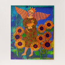 Ángel con girasoles y rompecabezas Tabby Cat 16x20