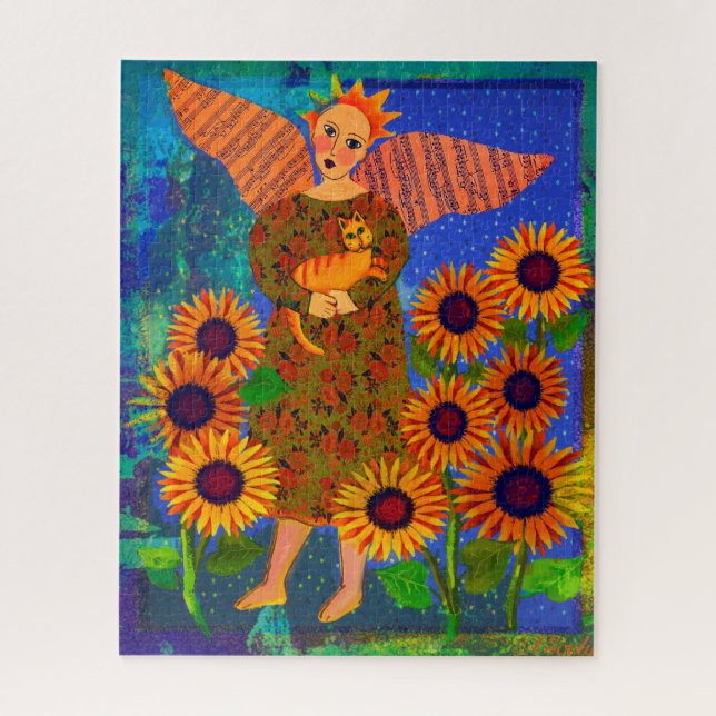 Ángel con girasoles y rompecabezas Tabby Cat 16x20 (Vertical)