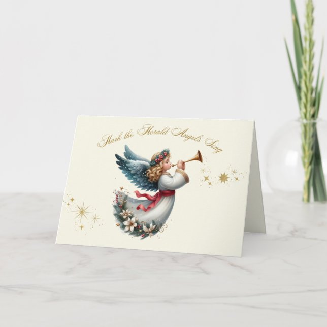 Angel con tarjeta de Navidades del Cuerno (Anverso)