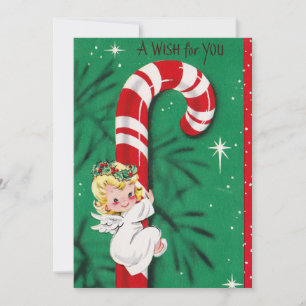 Ángel de bebé de Navidad vintage lindo en un bastó
