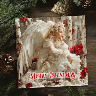 Ángel de Navidad artístico poinsettias rojas alegr