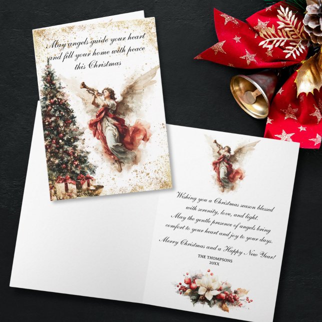 Ángel de Navidad Elegante Vintage (Vintage holiday greeting card depicting an angel with golden accents and floral elements)