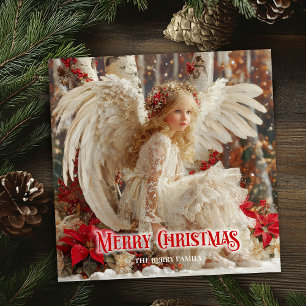 Ángel de Navidad en acuarela con poinsettias rojas