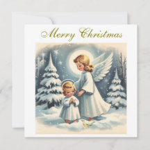 Ángel de Navidad vintage, niño y pájaro