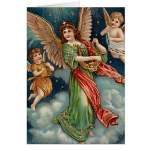 Ángel del vintage con la arpa y dos querubes