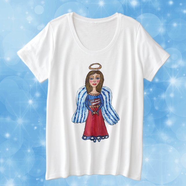 Ángel Patriótico Americano Bandera de EE. UU. Rojo (Red white blue patriotic USA angel with flag and gold halo on white womans plus size tee shirt.)