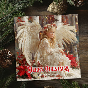 Ángel retro de Navidad tarjeta artística roja y do