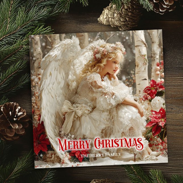 Ángel rústico de Navidad poinsettias rojas de temp (Rustic Christmas angel red poinsettias seasonal card)