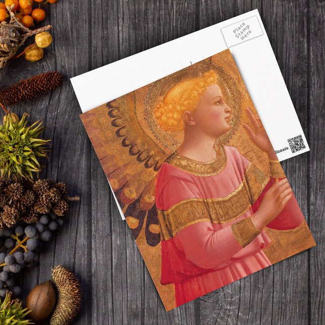 Ángel victoriano en postal rosa (Holy Christian angel in pink golden halo on postcard.)