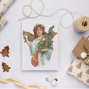 Ángel vintage de Navidad con tarjeta postal de árb
