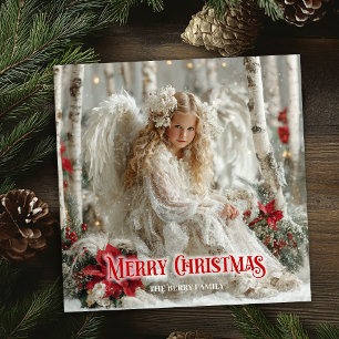 Ángel vintage de Navidad poinsettias rojas festiva