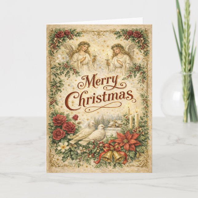 Ángel vintage y palomas Feliz Navidad  (Anverso)