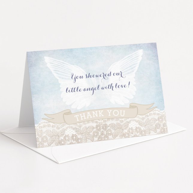 Angel Wings Baby Shower o Baptism Gracias Notas (Vintage inspired Angel wings thank you card design for baptism or christening with burlap lace )