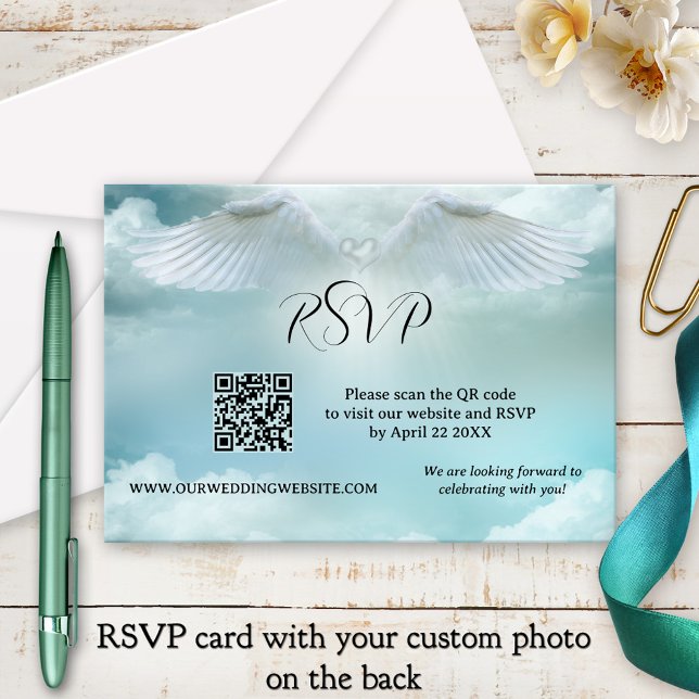 Angel Wings Dream Cloud QR Código Boda Tarjeta RSV (RSVP card featuring angel wings on a dreamy cloud - with QR code template and custom photo)