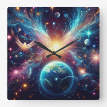Ángeles celestiales en un reloj de pared cuadrado