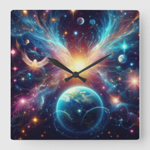 Ángeles celestiales en un reloj de pared cuadrado