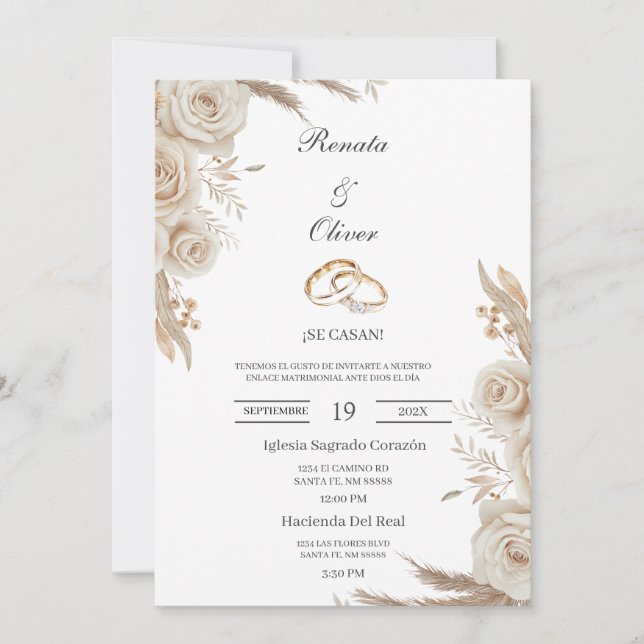 Anillo de boda boho Invitación de boda en español (Anverso)