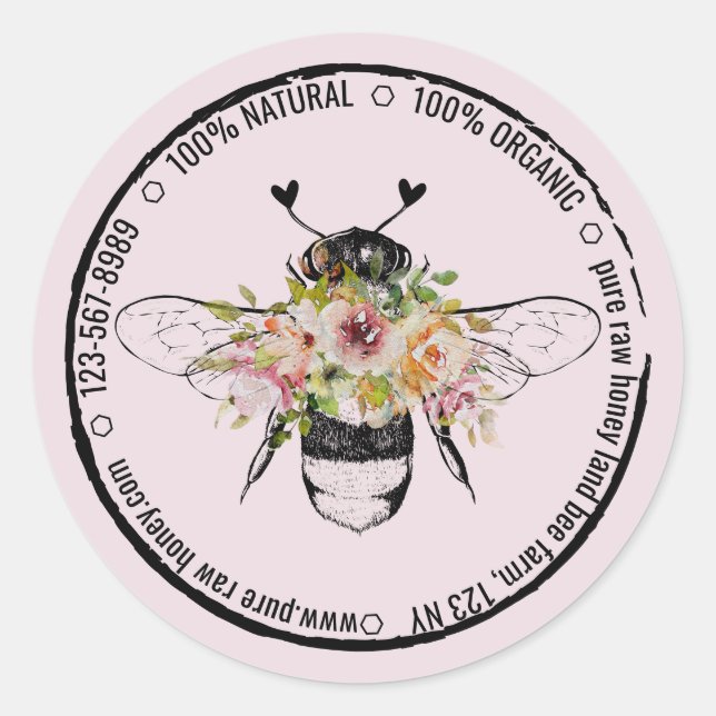 Anillo de sello rústico rosa sonrosado Abeja flora (Anverso)